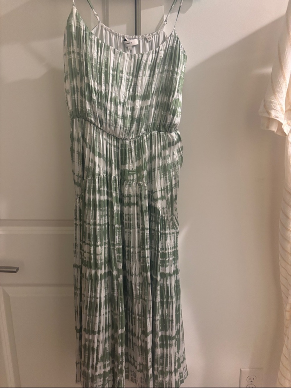 Vince Green and White Pleated Tie-Dye Maxi Dress